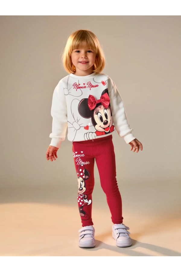 Minnie Mouse Baskılı Fiyonklu Taytlı Takım